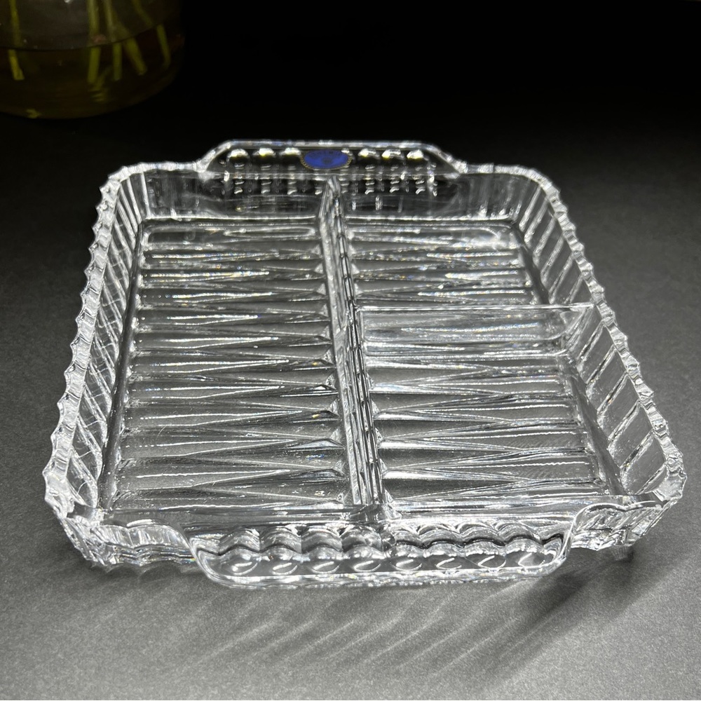 Bohemia Czech Republic Lead Crystal 3-Part Relish Dish Original Sticker Vintage